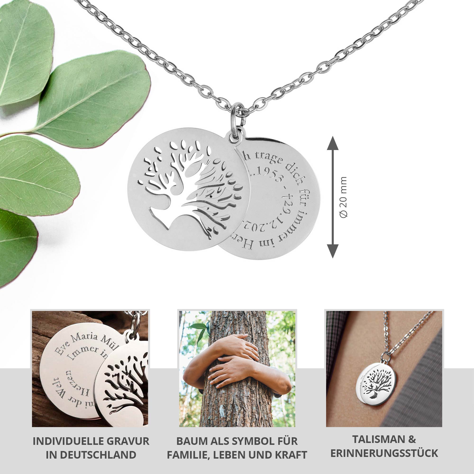 Personalisierte Halskette Silber mit 2 Anhängern - Lebensbaum