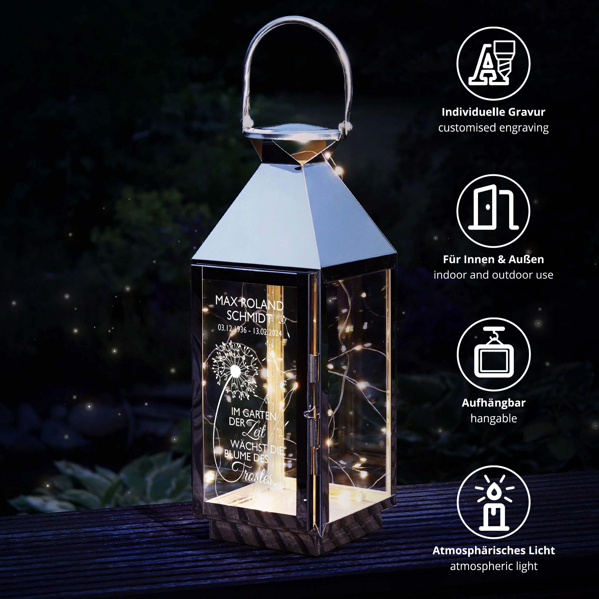 Personalisierte Silber Laterne - Blume des Trostes