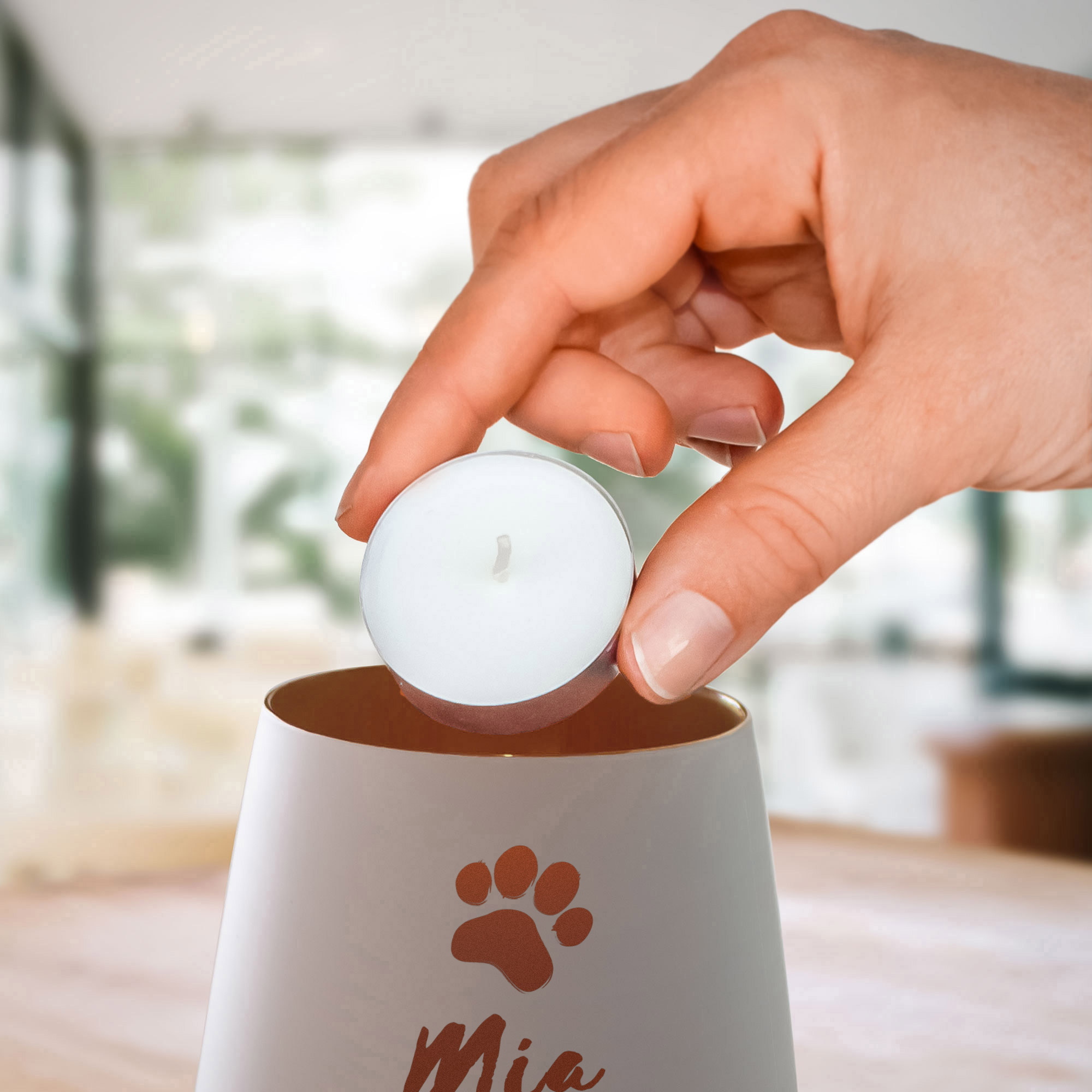 Personalisiertes Windlicht zur Trauer Katze - Weiß Bronze