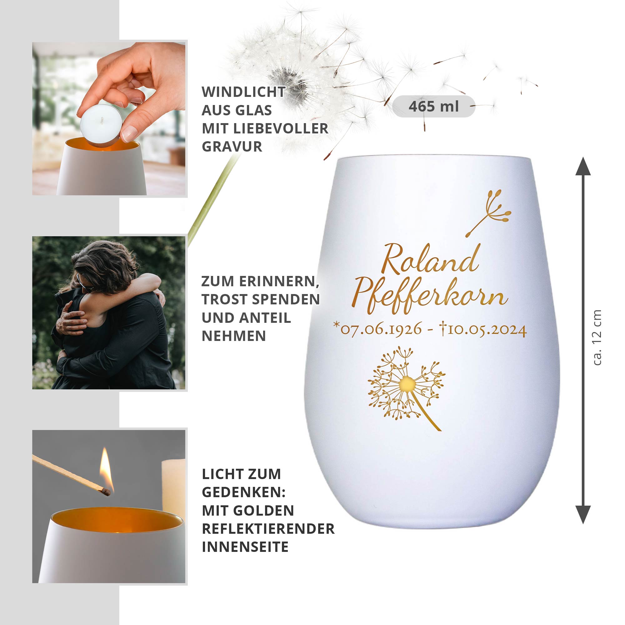 Personalisiertes Windlicht mit Trauerblume - Weiß Gold