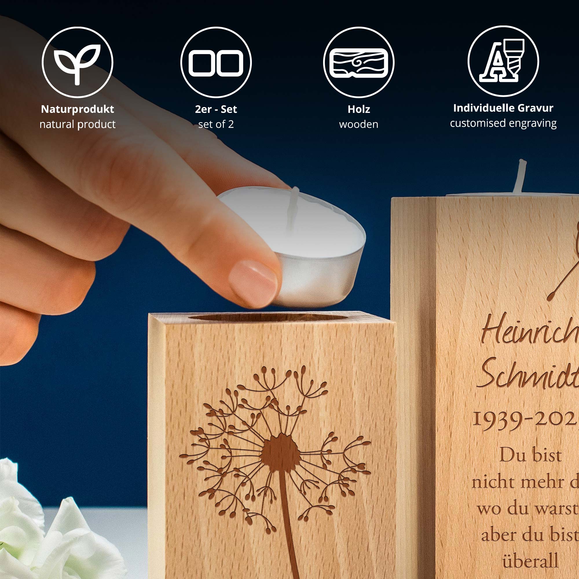 Teelichthalter Set mit Gravur zur Trauer - Trauerblume