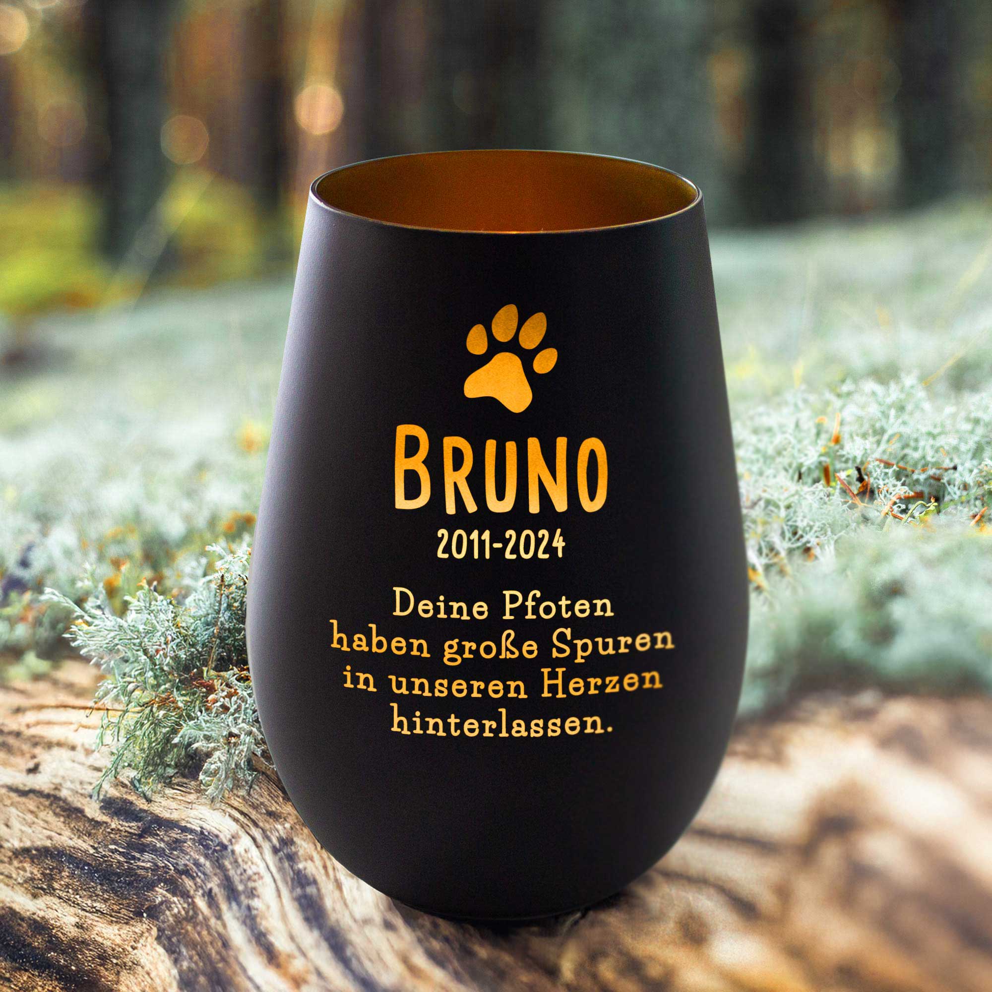 Personalisiertes Windlicht zur Trauer Hund - Schwarz Gold