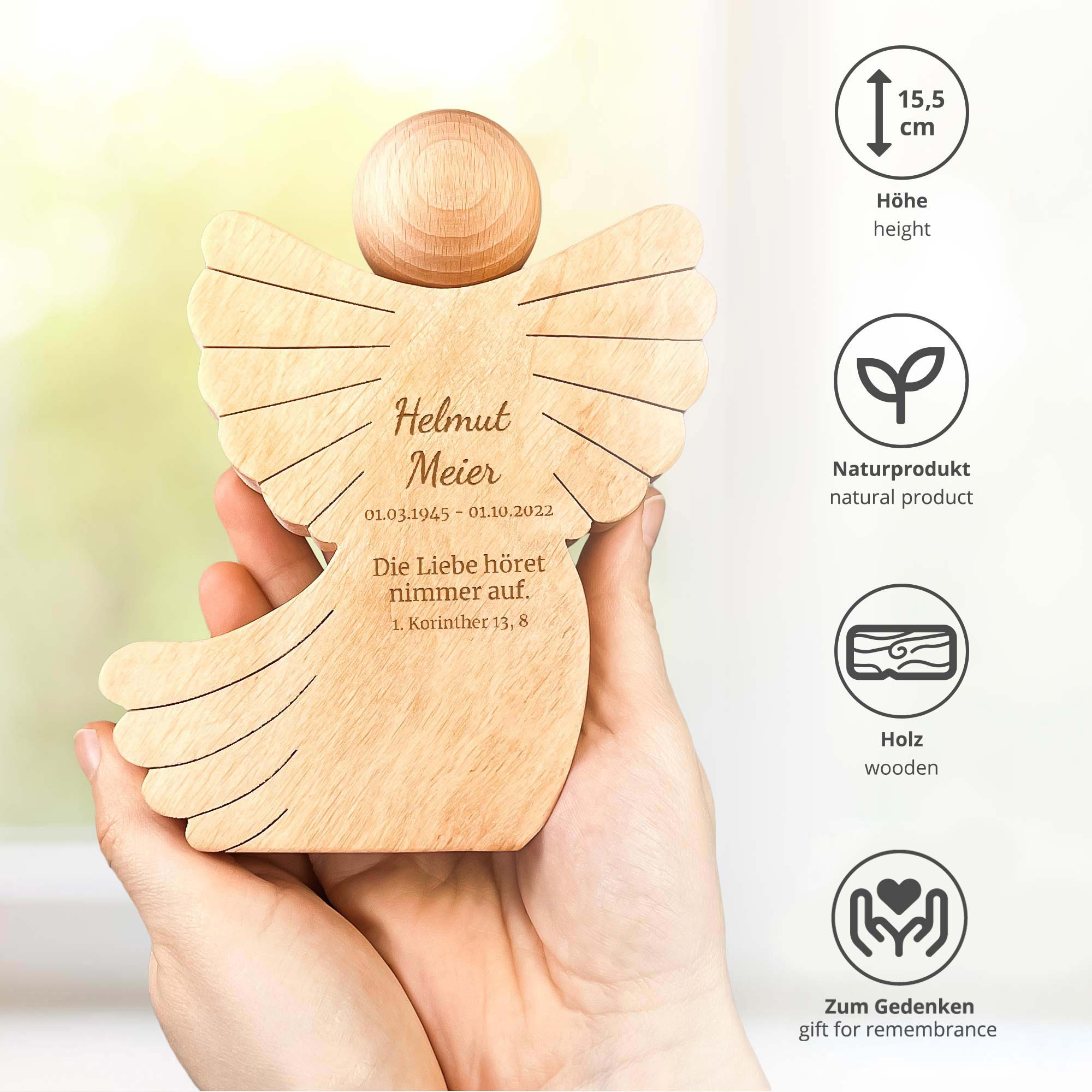 Personalisierter Holzengel mit Schweif - Die Liebe höret nimmer auf