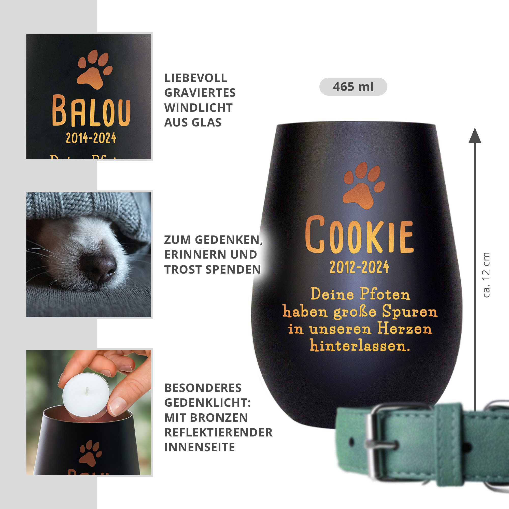 Personalisiertes Windlicht zur Trauer Hund - Schwarz Bronze