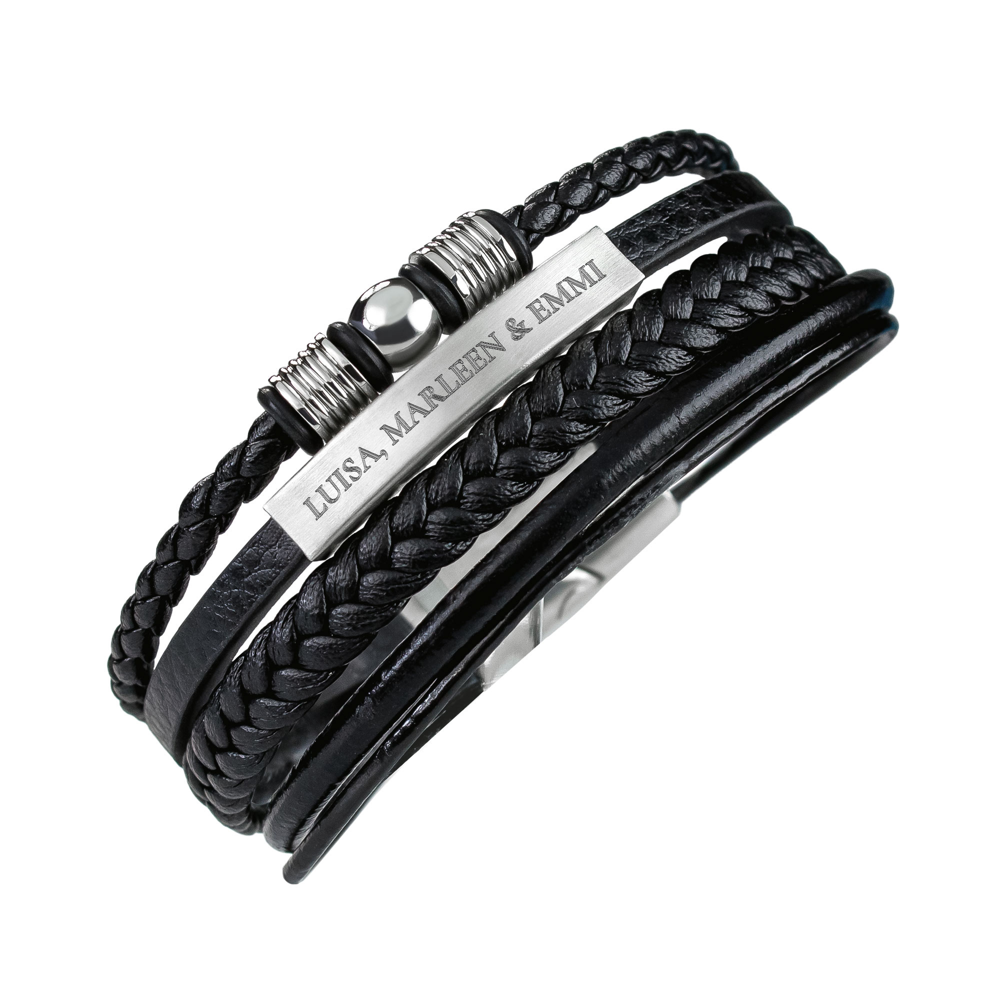 Geflochtenes Herrenarmband mit Beads Silber – Wunschtext