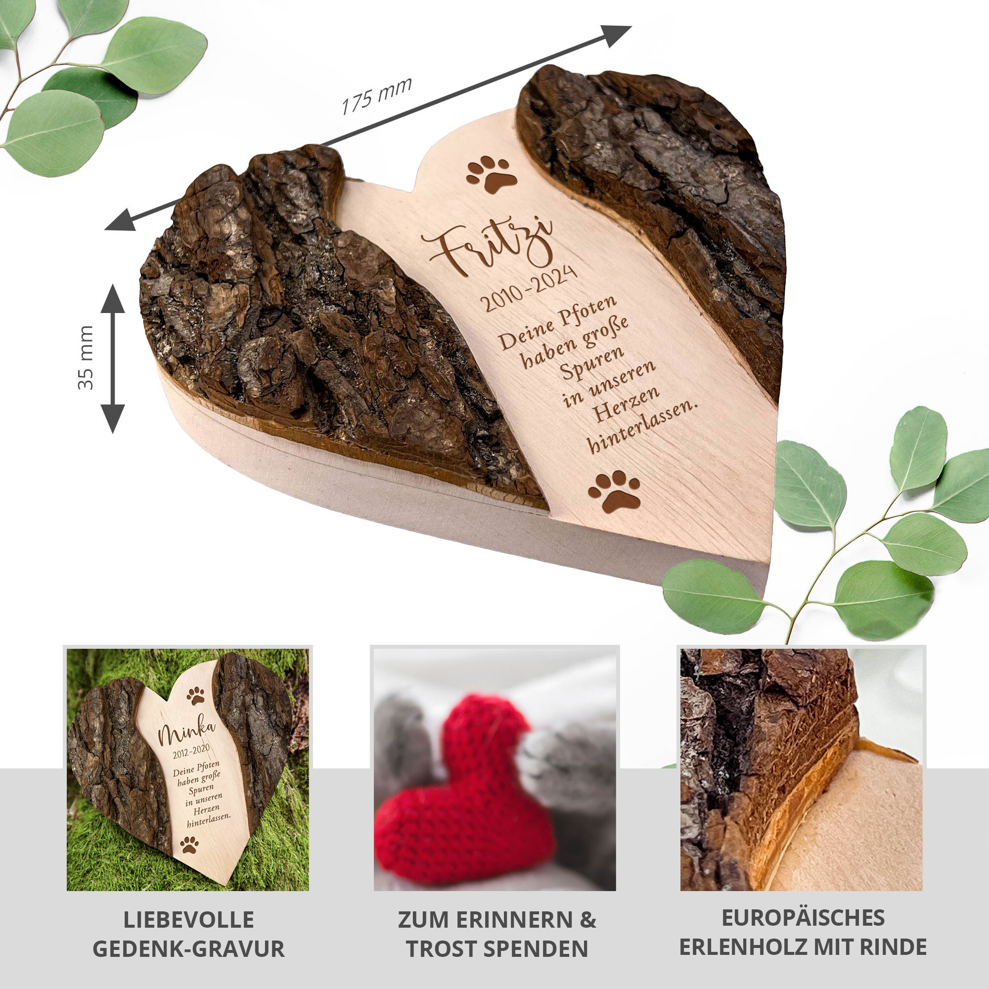Personalisiertes Holzherz mit Rinde - Katze