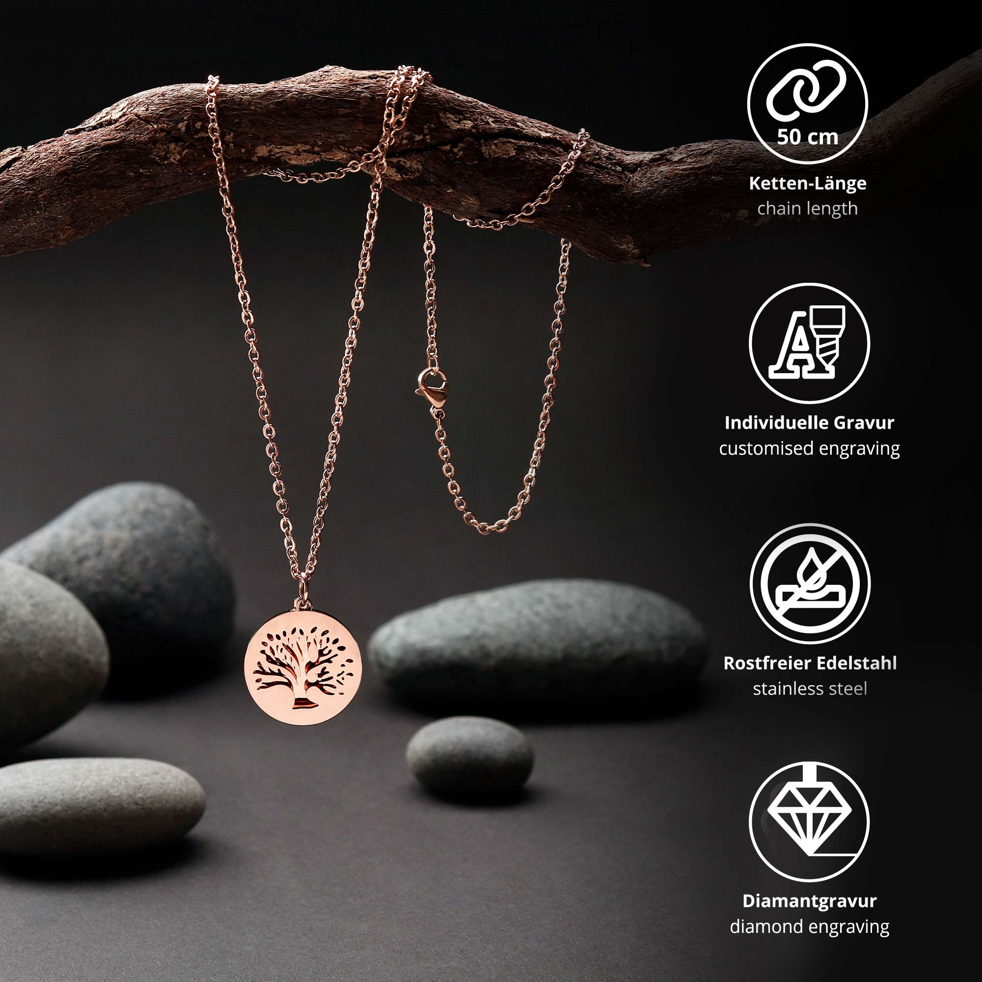 Personalisierte Halskette Roségold mit 2 Anhängern - Lebensbaum