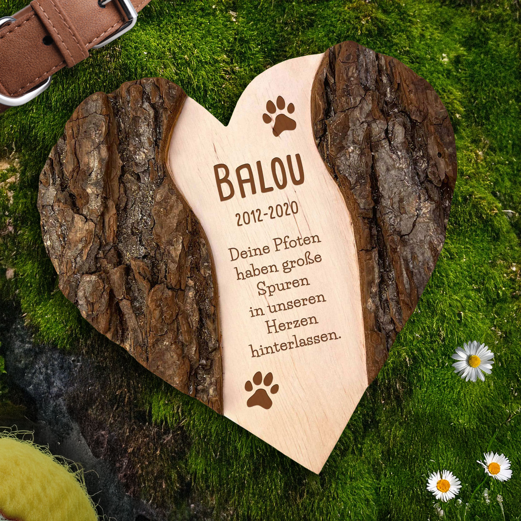 Personalisiertes Holzherz mit Rinde - Hund