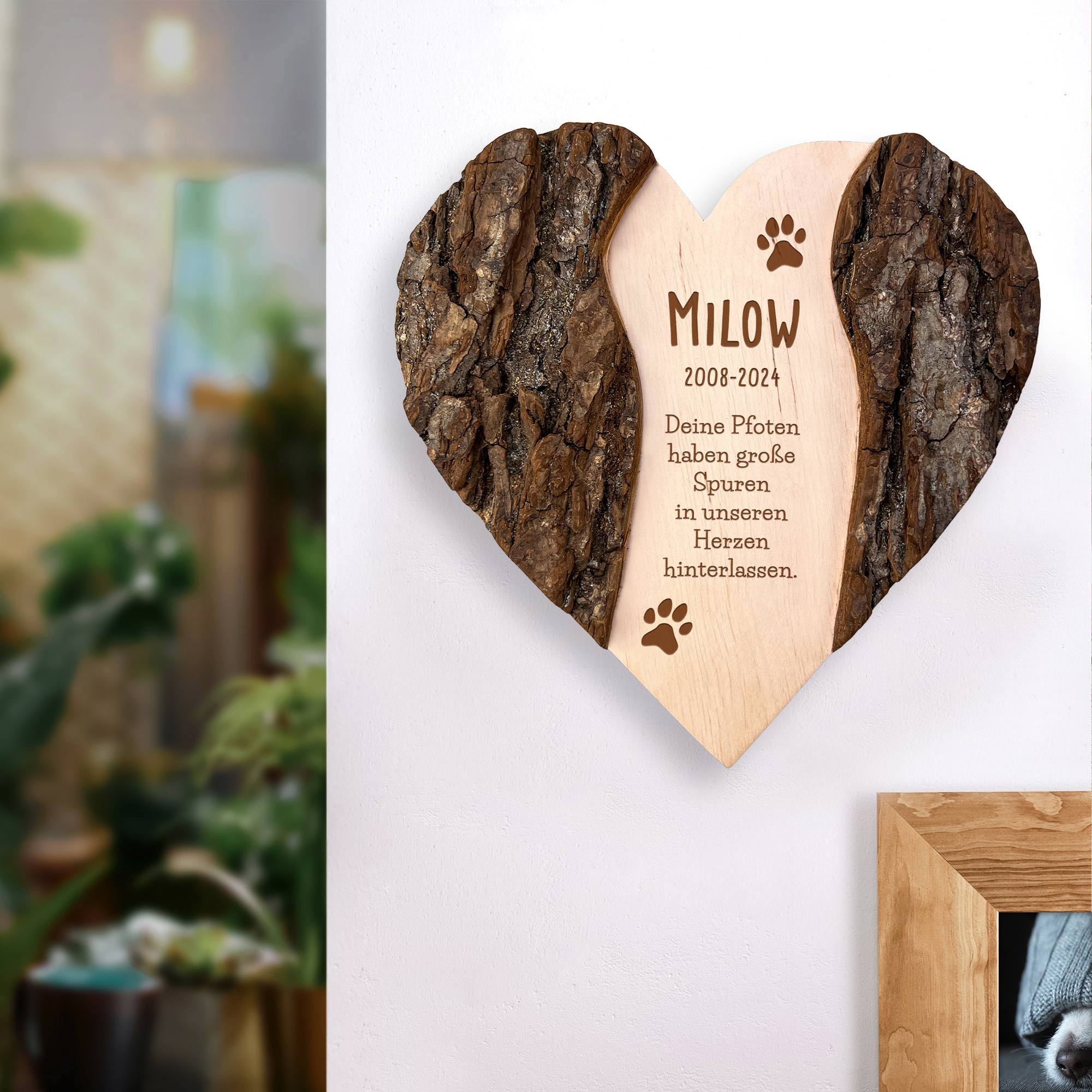 Personalisiertes Holzherz mit Rinde - Hund
