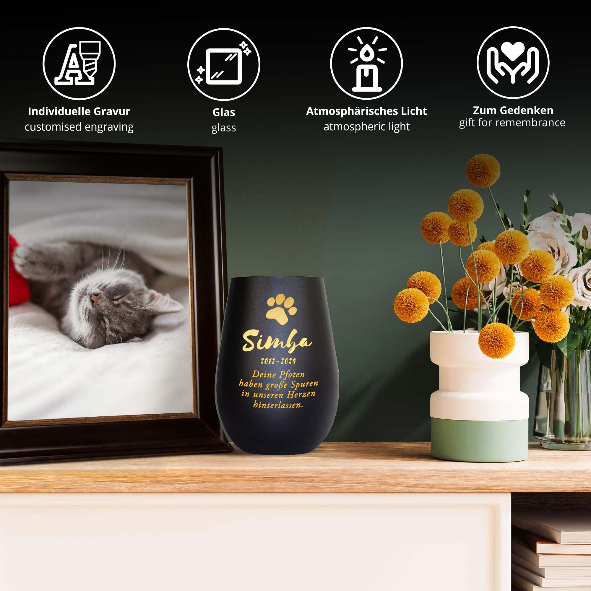 Personalisiertes Windlicht zur Trauer Katze - Schwarz Gold