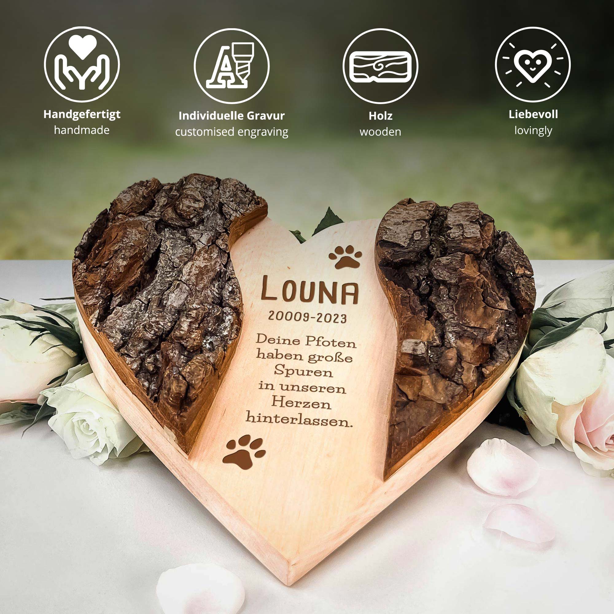 Personalisiertes Holzherz mit Rinde - Hund
