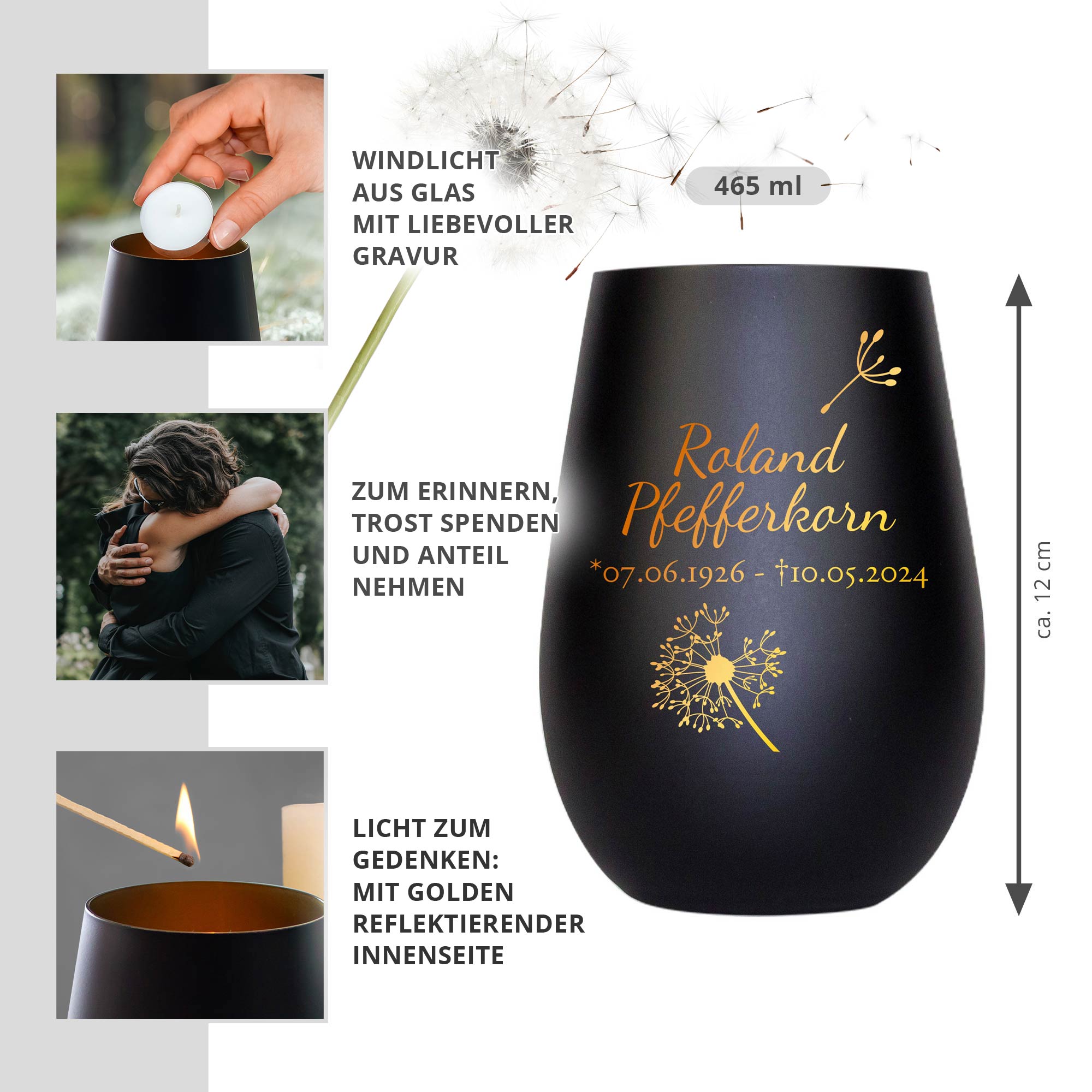 Personalisiertes Windlicht mit Trauerblume - Schwarz Gold
