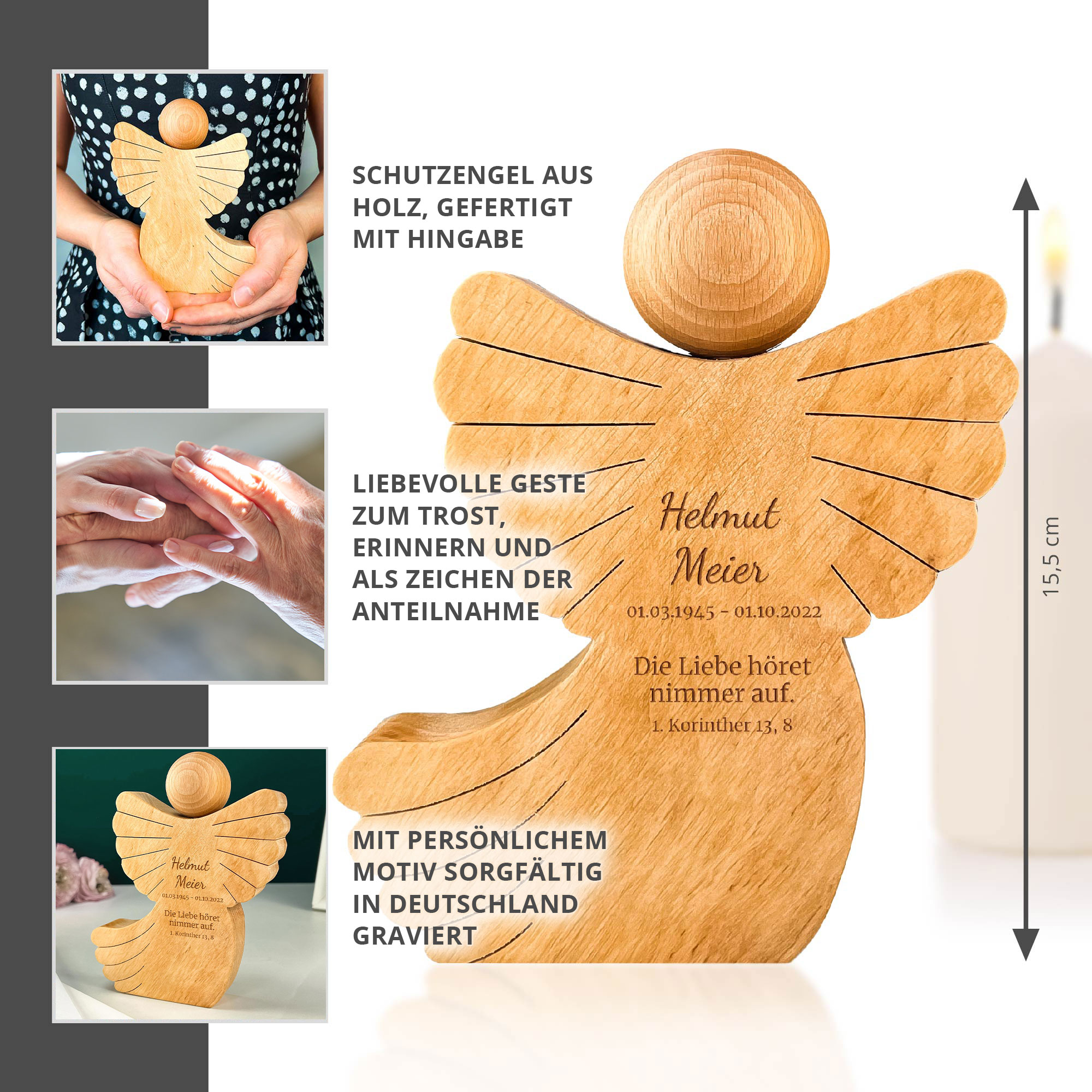 Personalisierter Holzengel mit Schweif - Die Liebe höret nimmer auf