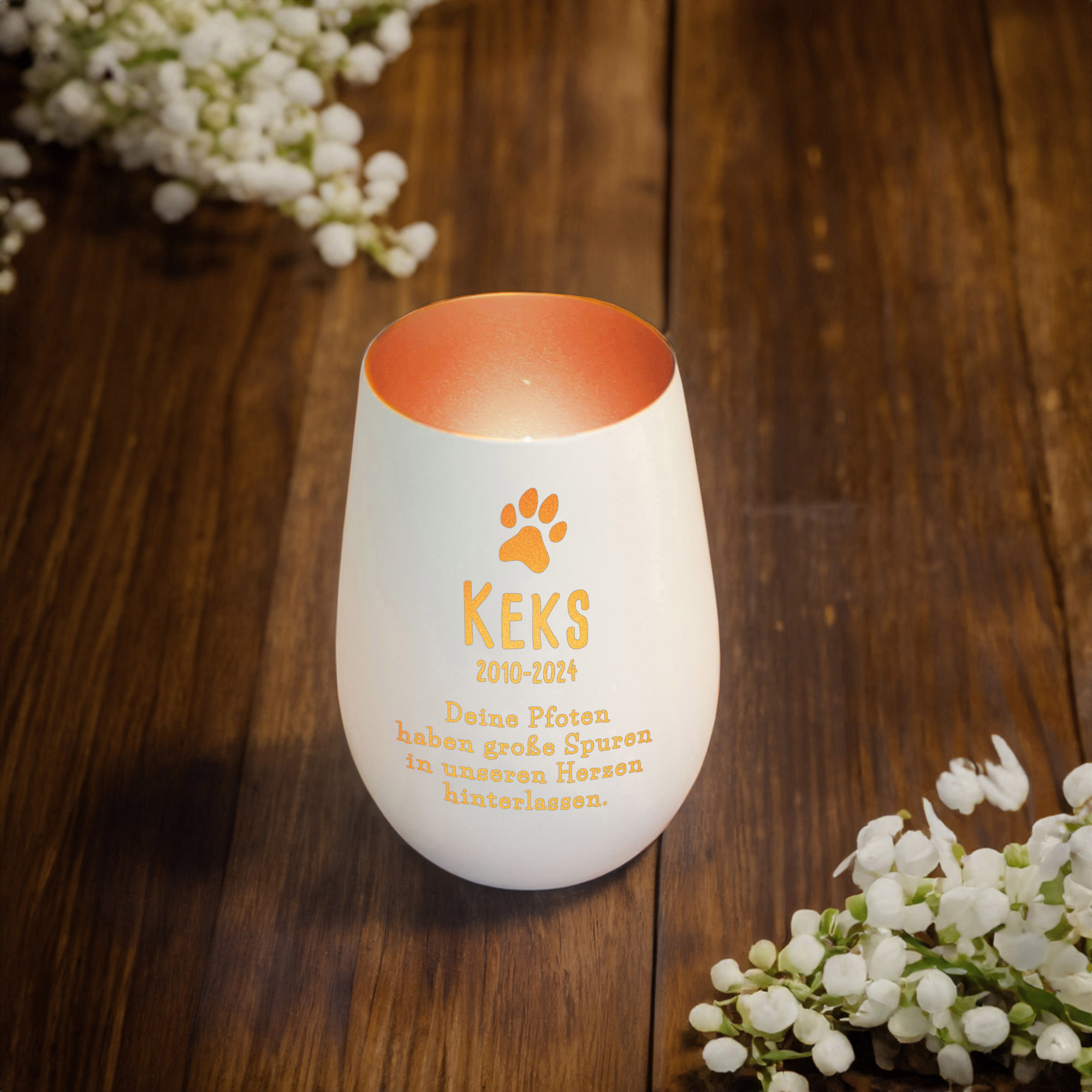 Personalisiertes Windlicht zur Trauer Hund - Weiß Bronze