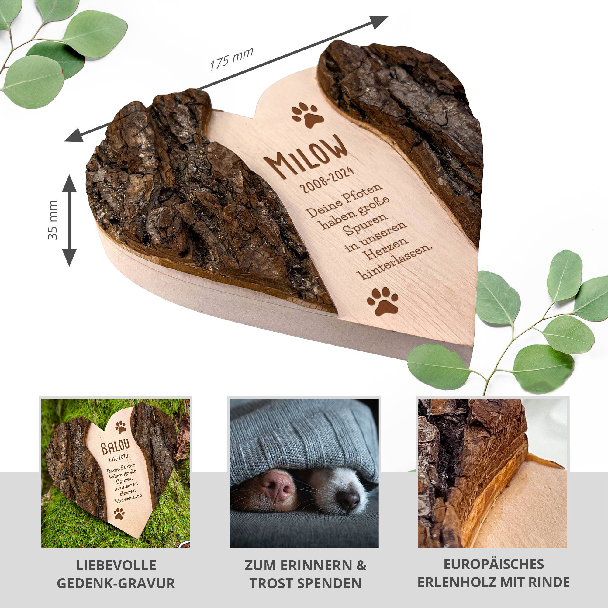Personalisiertes Holzherz mit Rinde - Hund