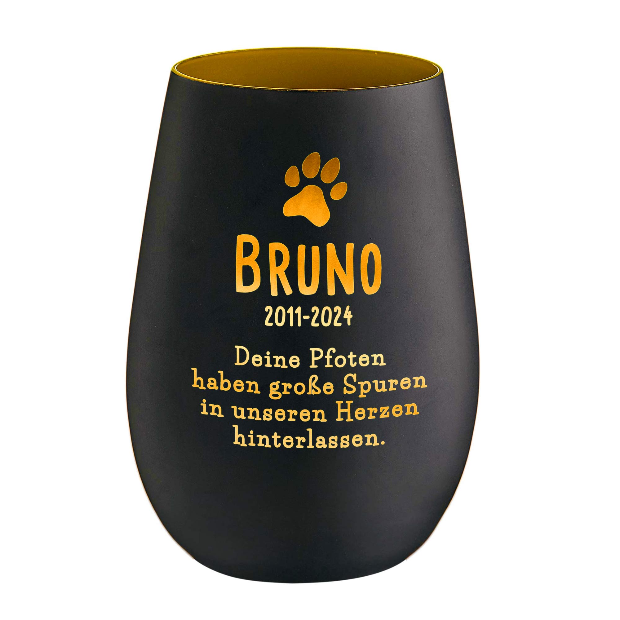 Personalisiertes Windlicht zur Trauer Hund - Schwarz Gold
