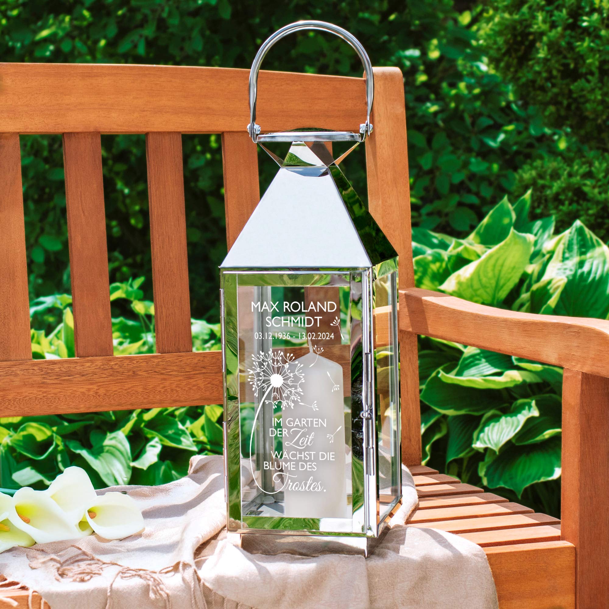 Personalisierte Silber Laterne - Blume des Trostes