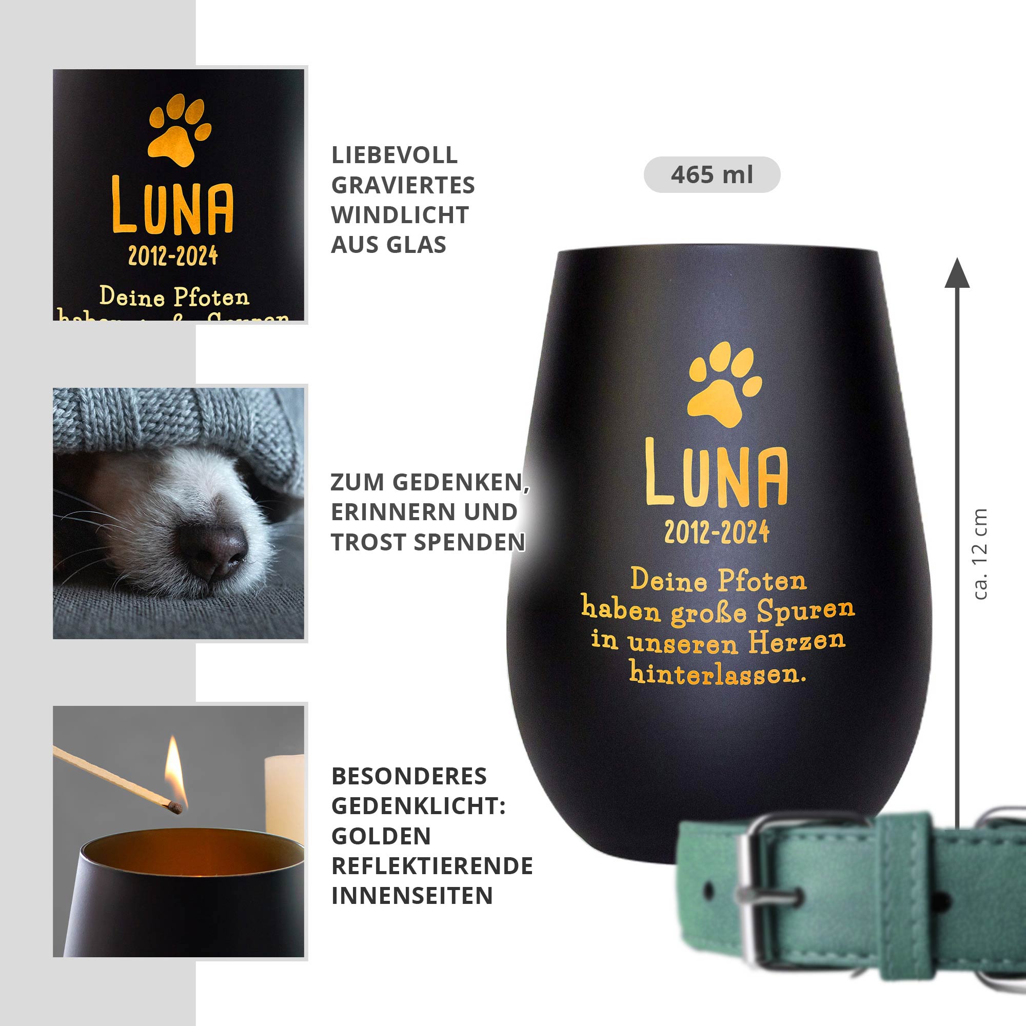 Personalisiertes Windlicht zur Trauer Hund - Schwarz Gold
