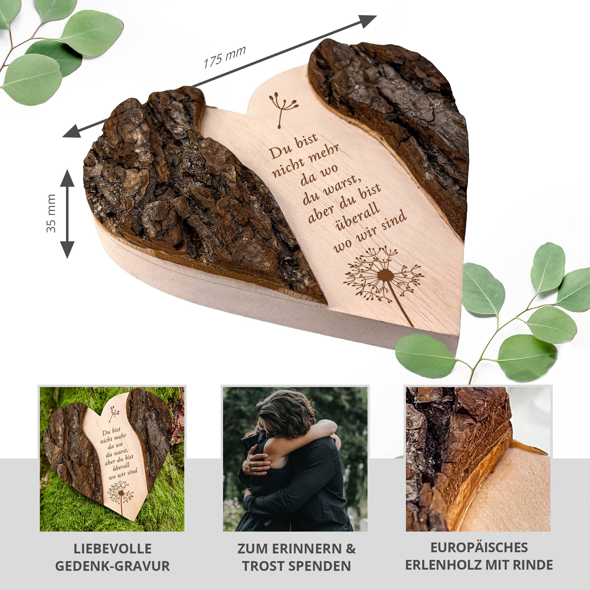 Holzherz mit Rinde - Trauerblume