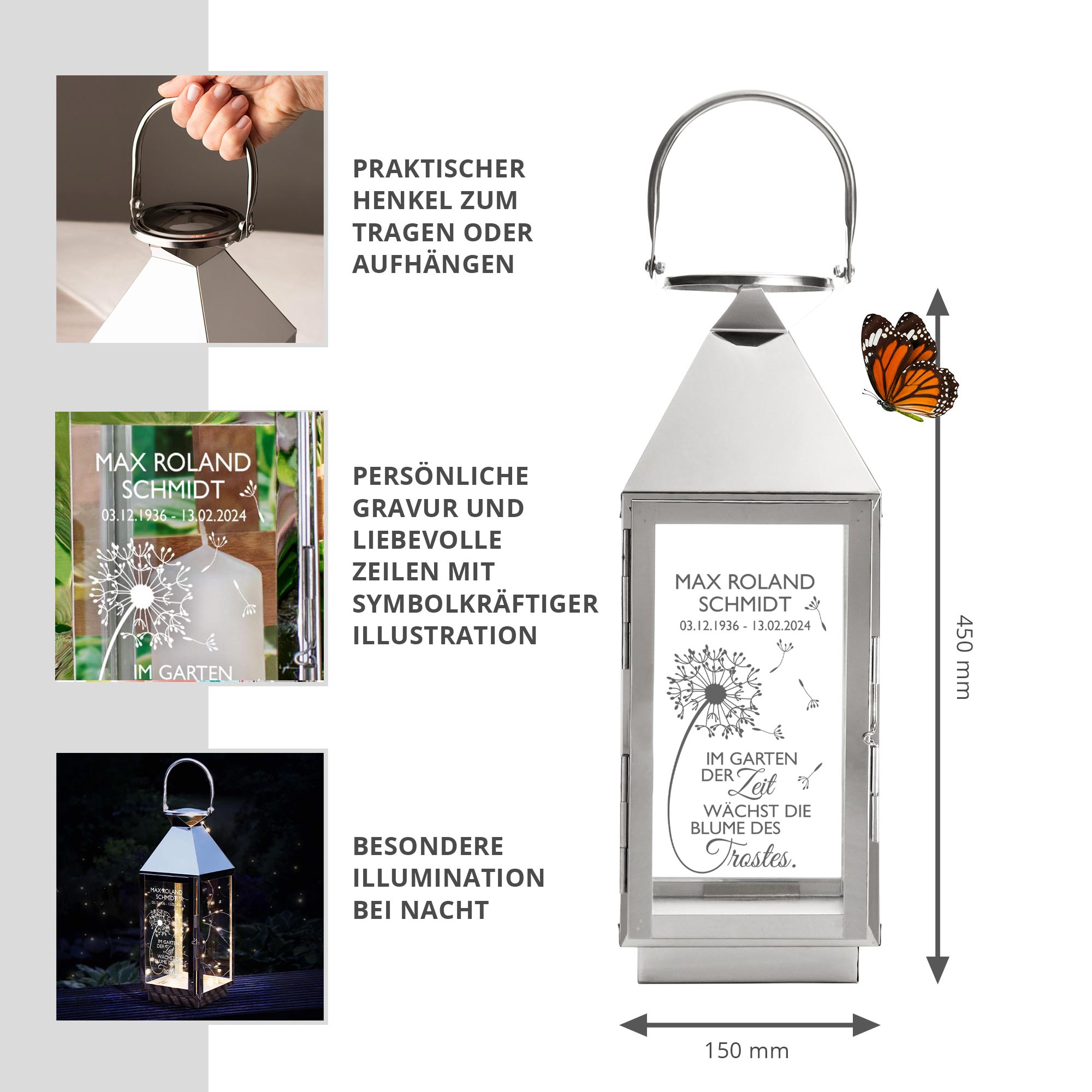Personalisierte Silber Laterne - Blume des Trostes