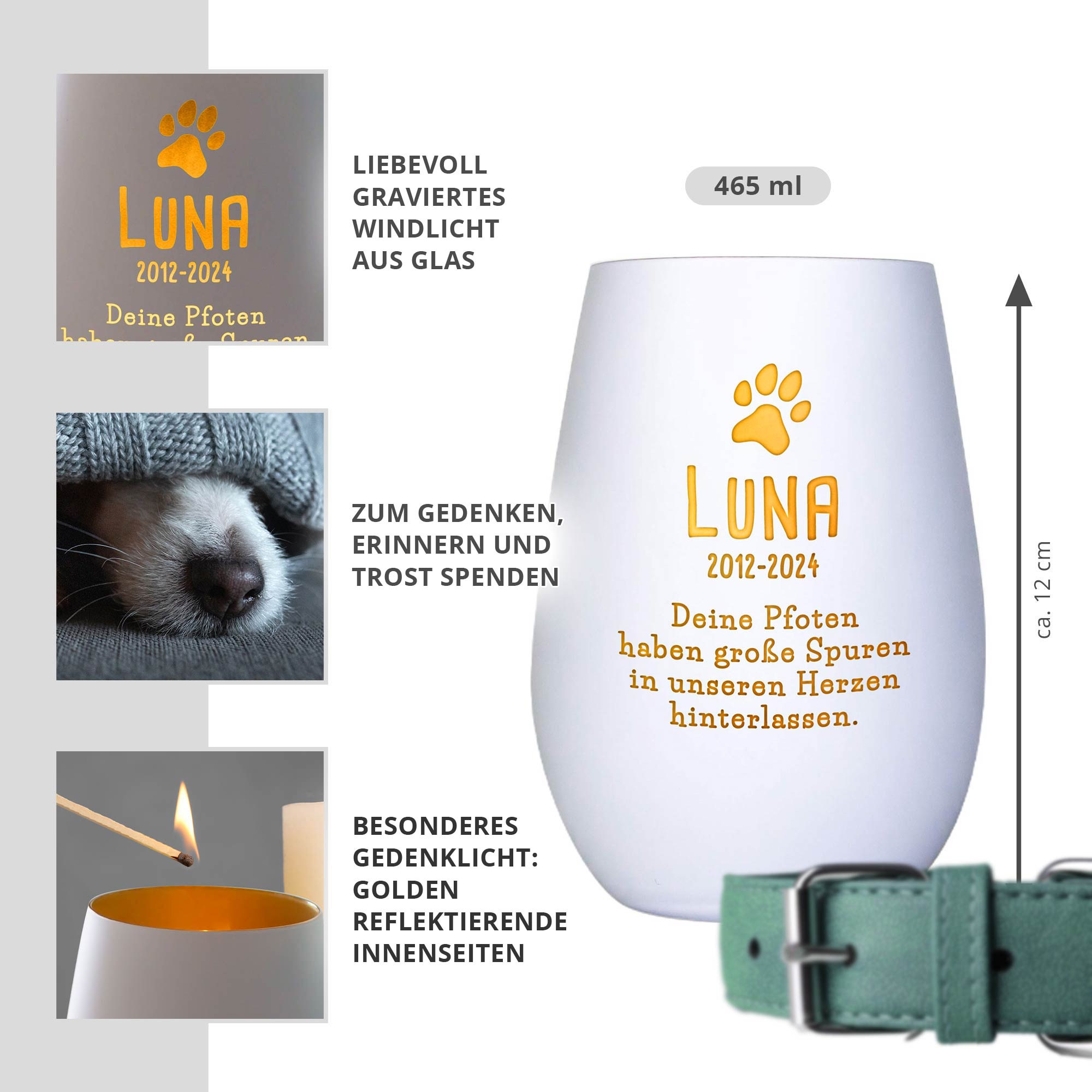 Personalisiertes Windlicht zur Trauer Hund - Weiß Gold