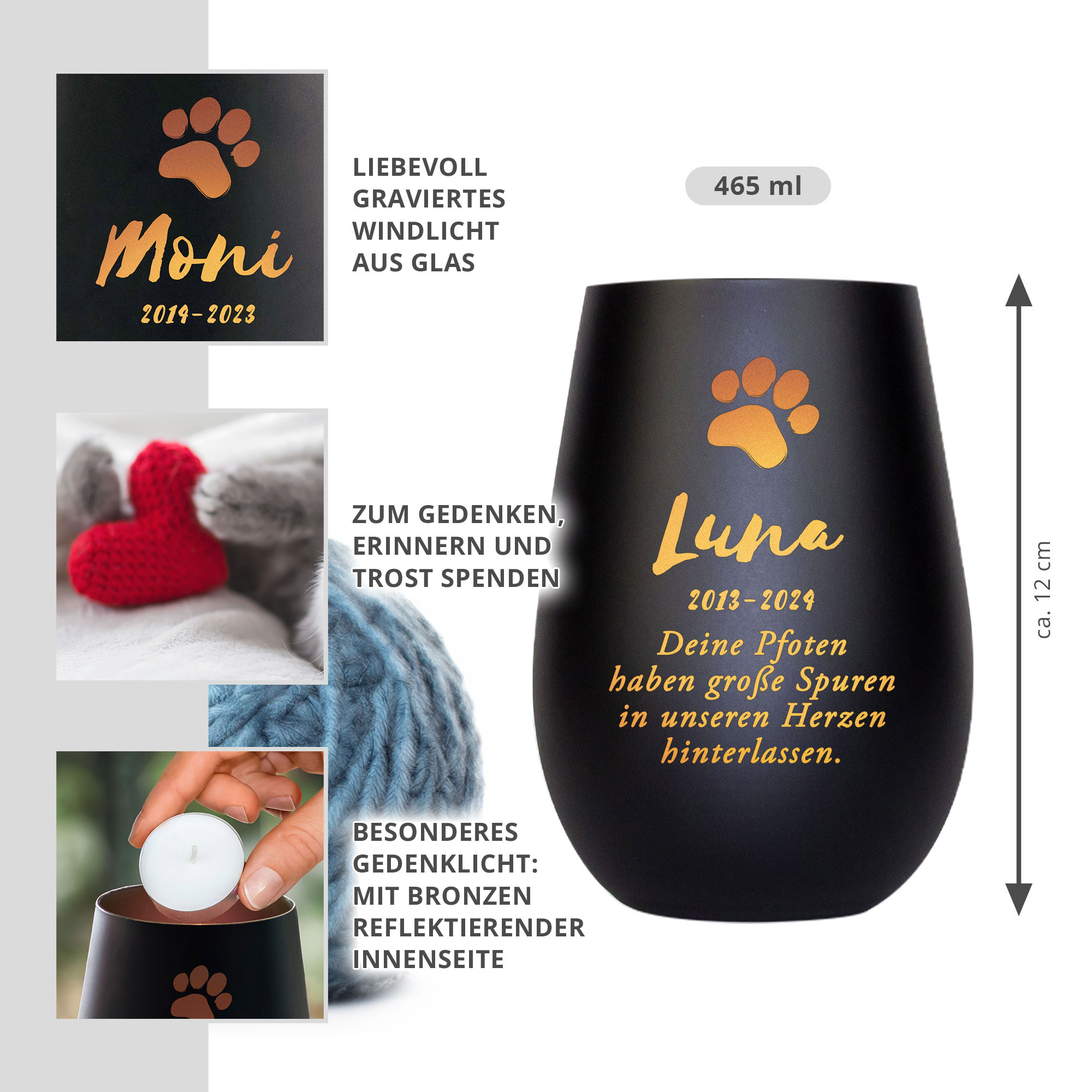 Personalisiertes Windlicht zur Trauer Katze - Schwarz Bronze