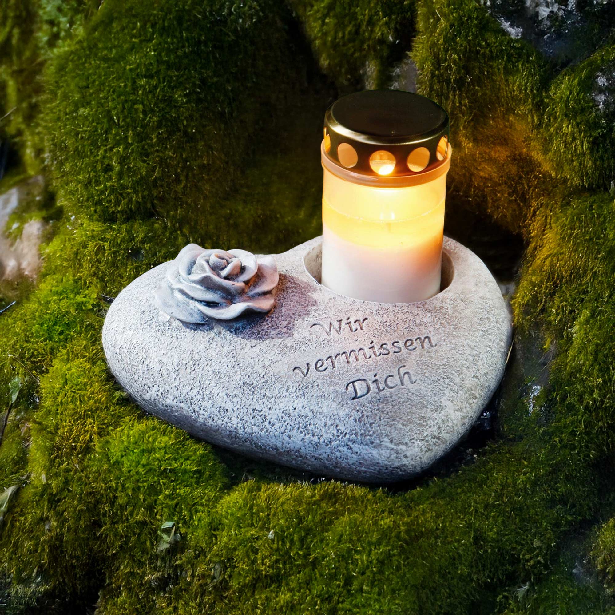 Trauerherz mit Gravur – Deko Grabschmuck mit Kerzenhalter