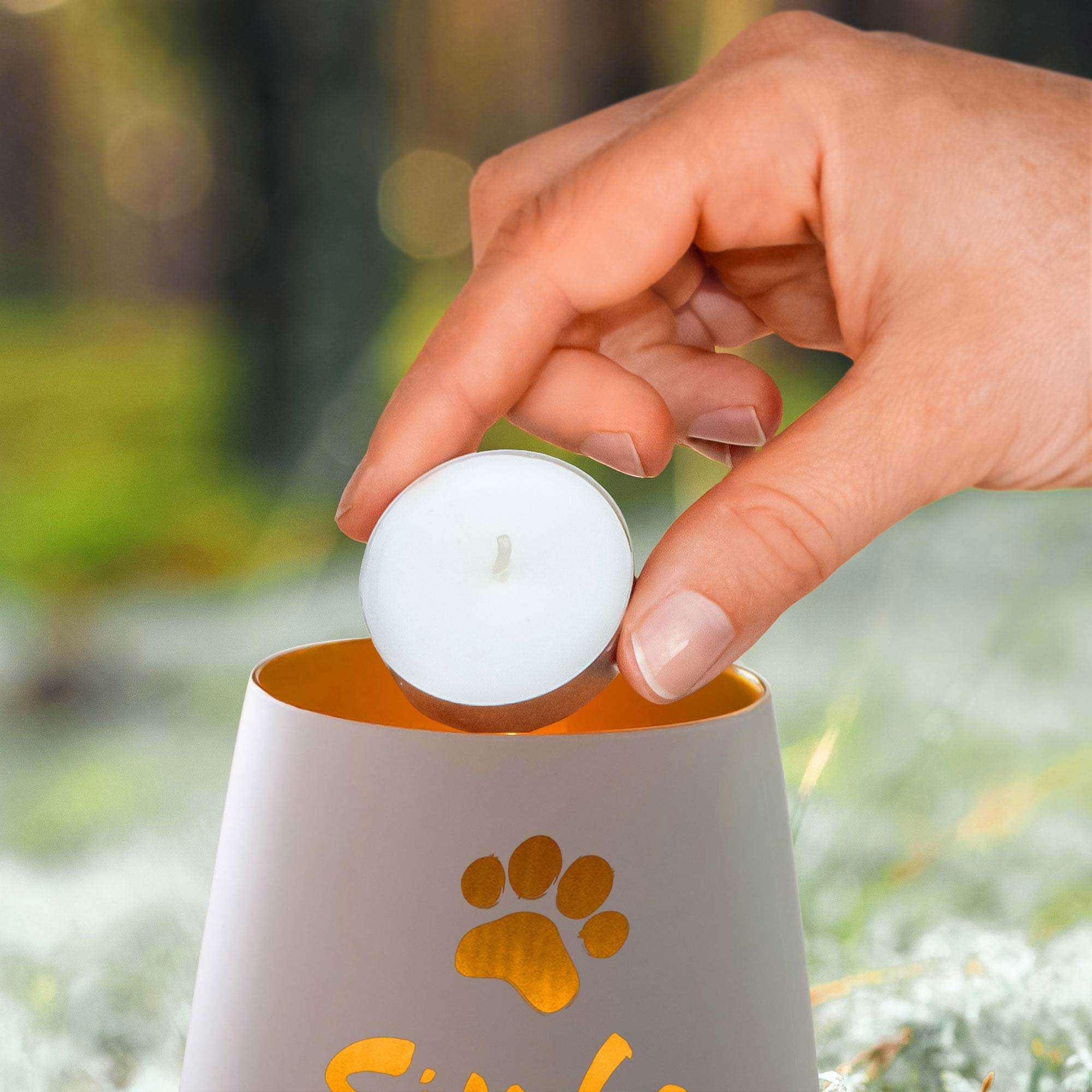 Personalisiertes Windlicht zur Trauer Katze - Weiß Gold