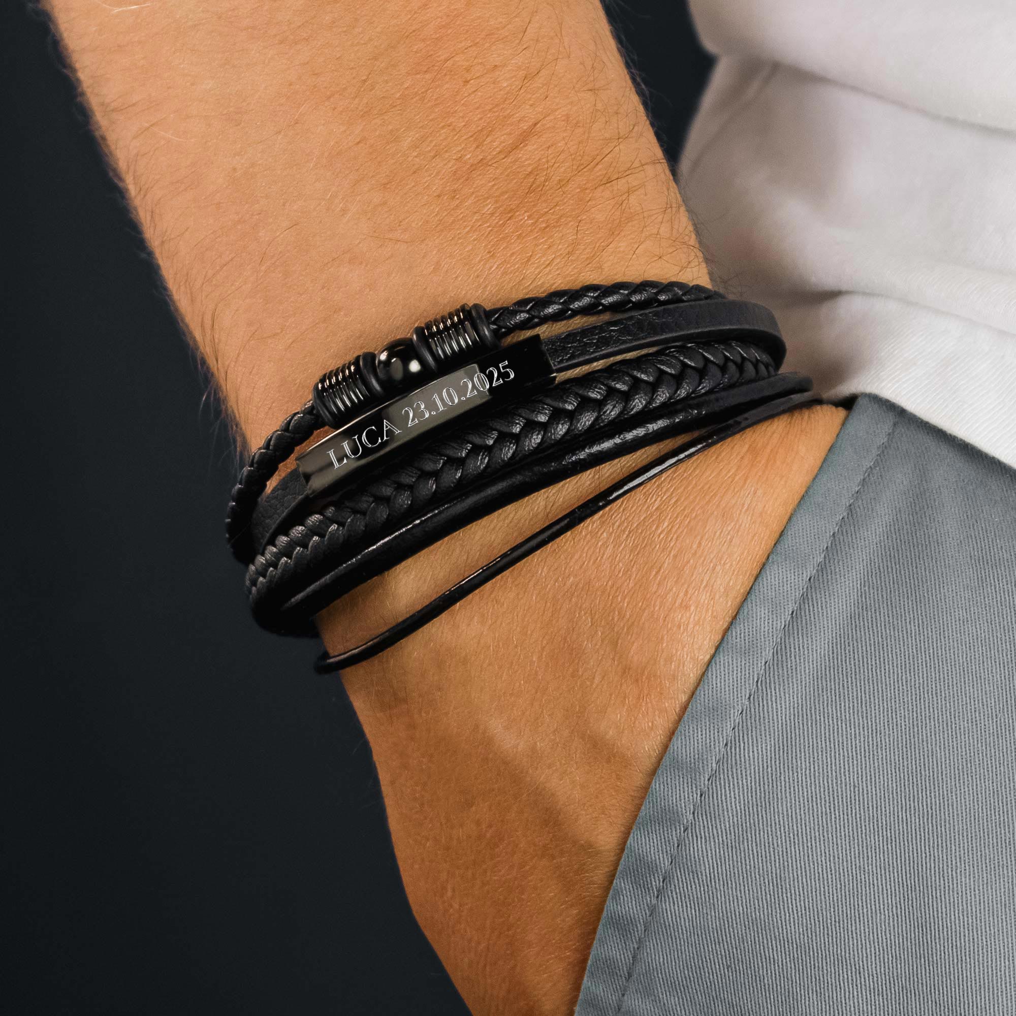 Geflochtenes Herrenarmband mit Beads Schwarz - Wunschtext