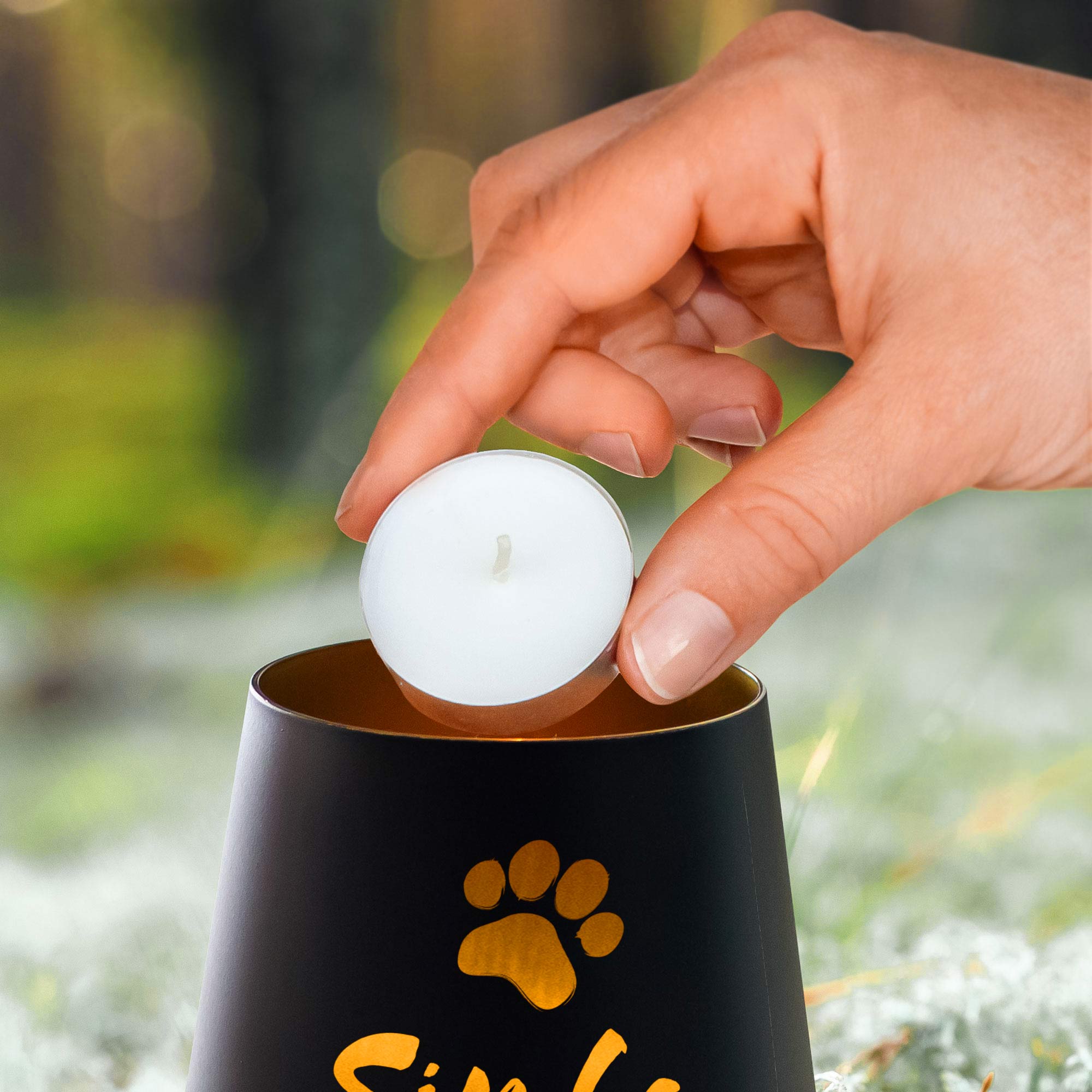 Personalisiertes Windlicht zur Trauer Katze - Schwarz Gold