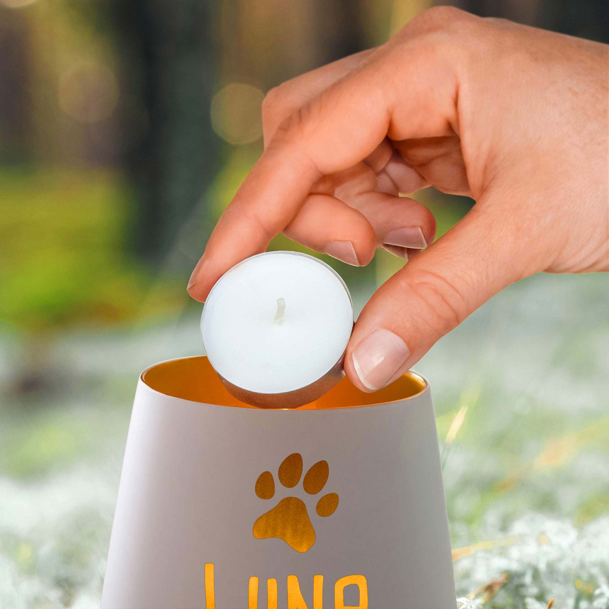 Personalisiertes Windlicht zur Trauer Hund - Weiß Gold