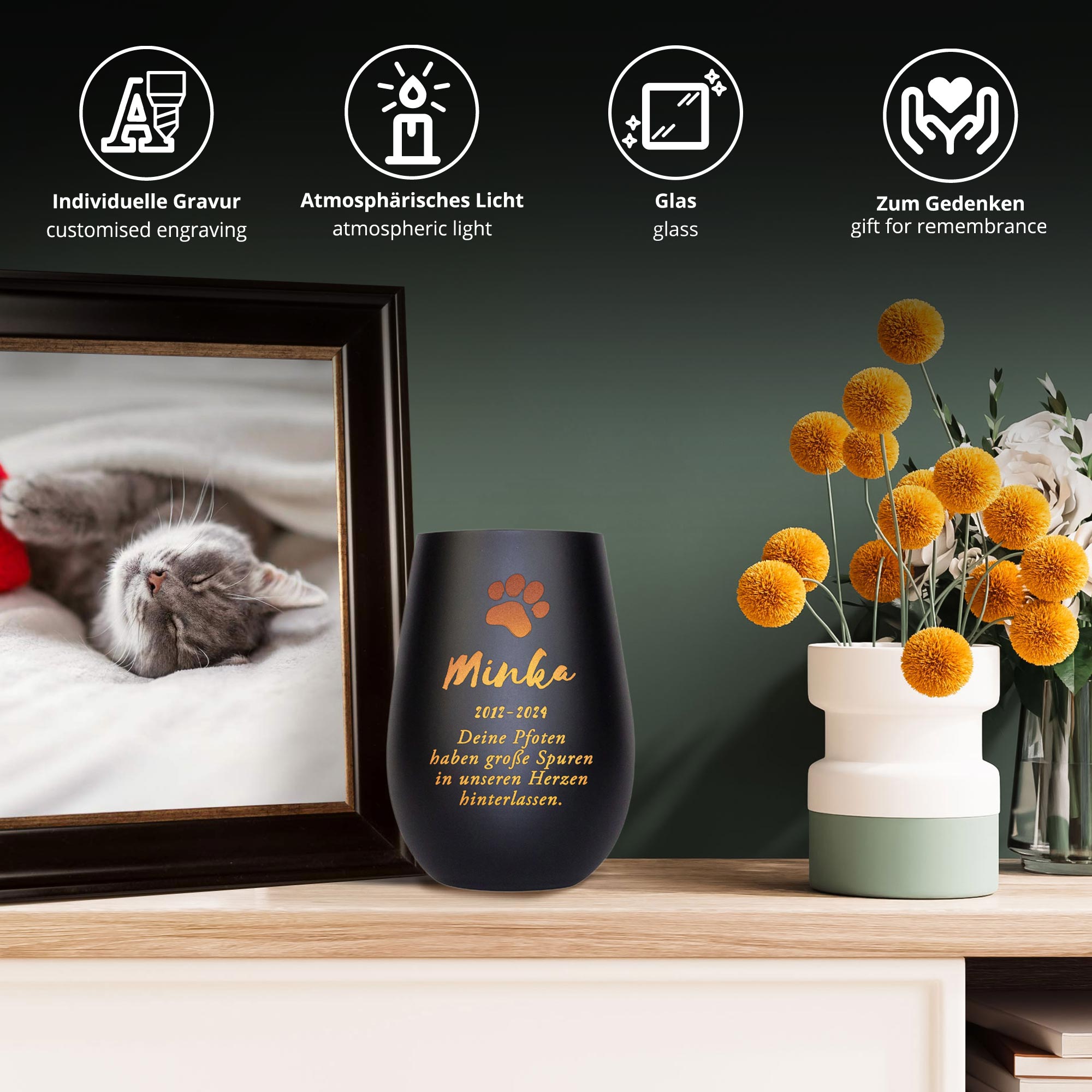 Personalisiertes Windlicht zur Trauer Katze - Schwarz Bronze