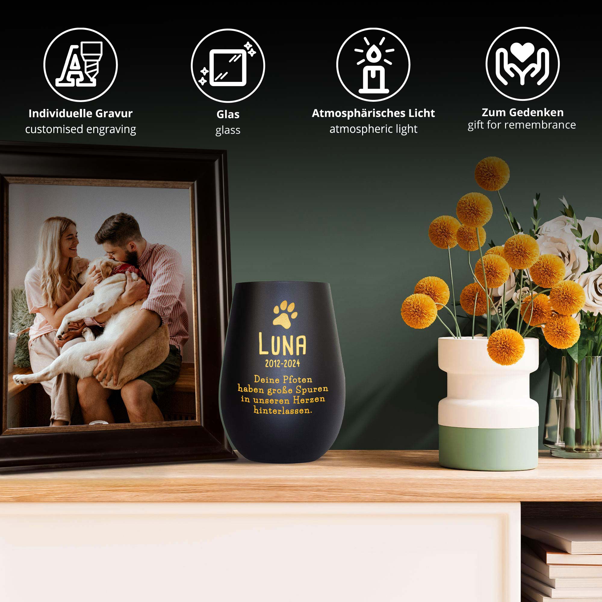 Personalisiertes Windlicht zur Trauer Hund - Schwarz Gold