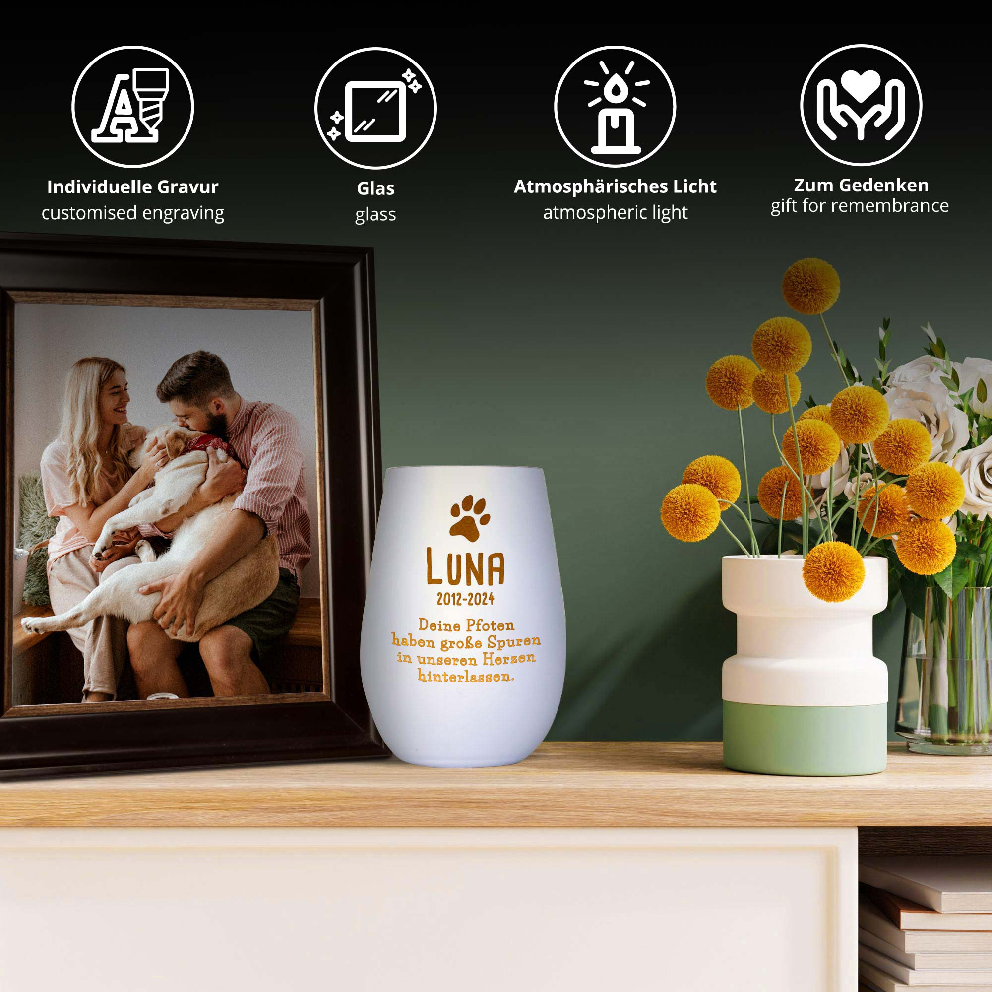 Personalisiertes Windlicht zur Trauer Hund - Weiß Gold