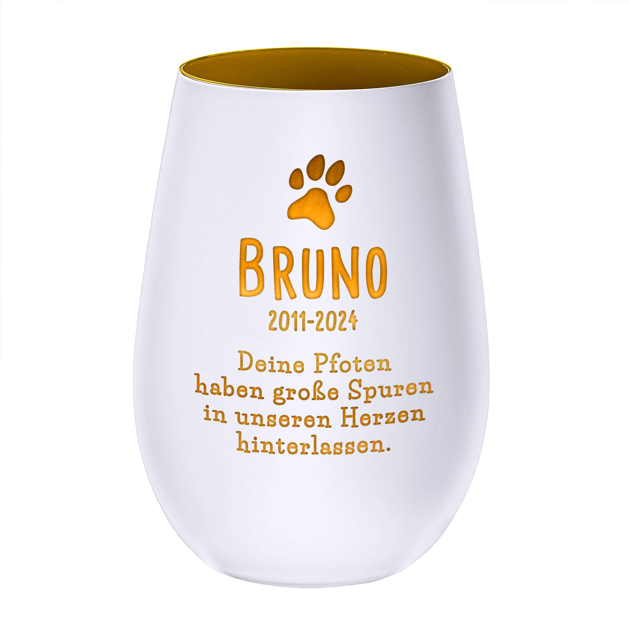 Personalisiertes Windlicht zur Trauer Hund - Weiß Gold