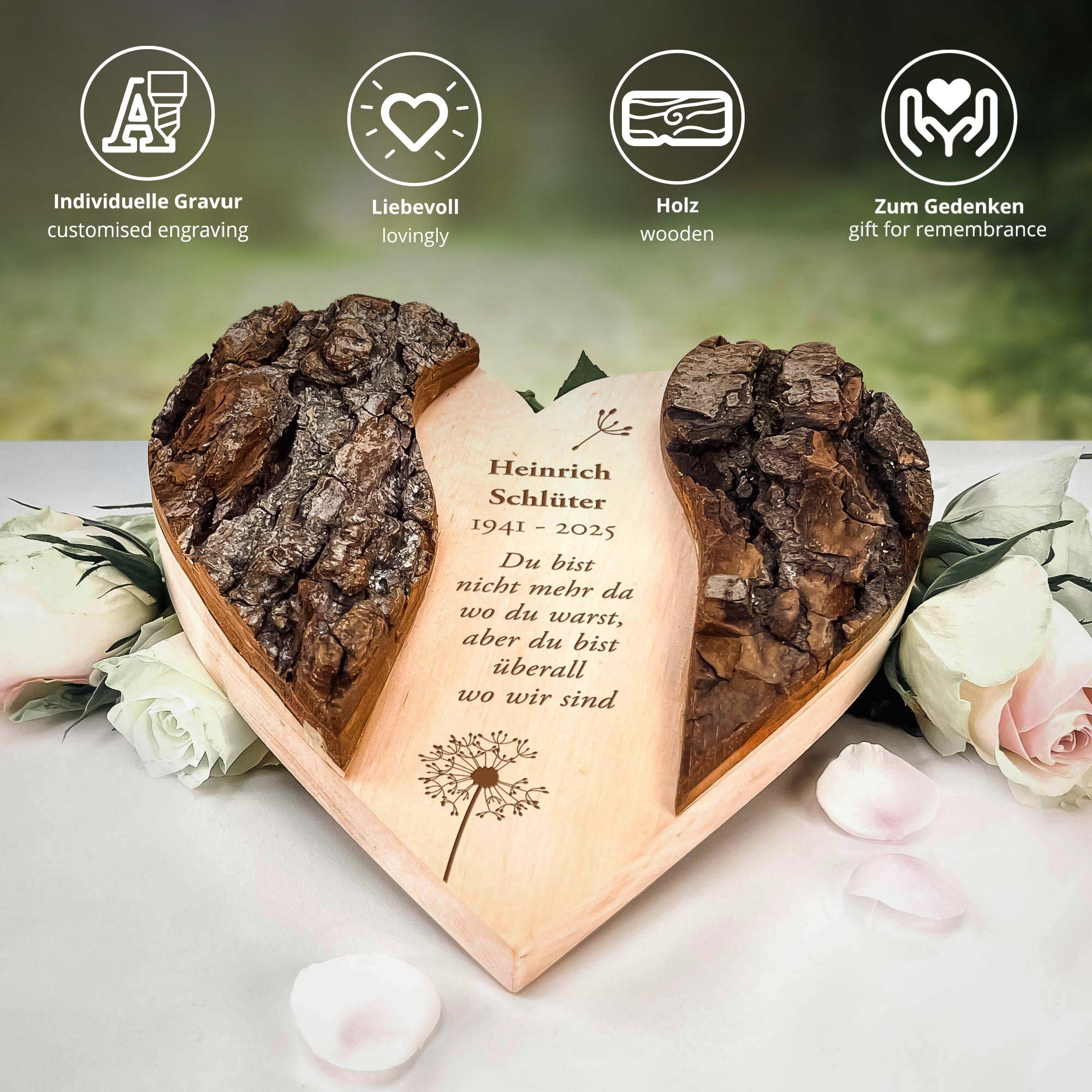 Personalisiertes Holzherz mit Rinde - Trauerblume