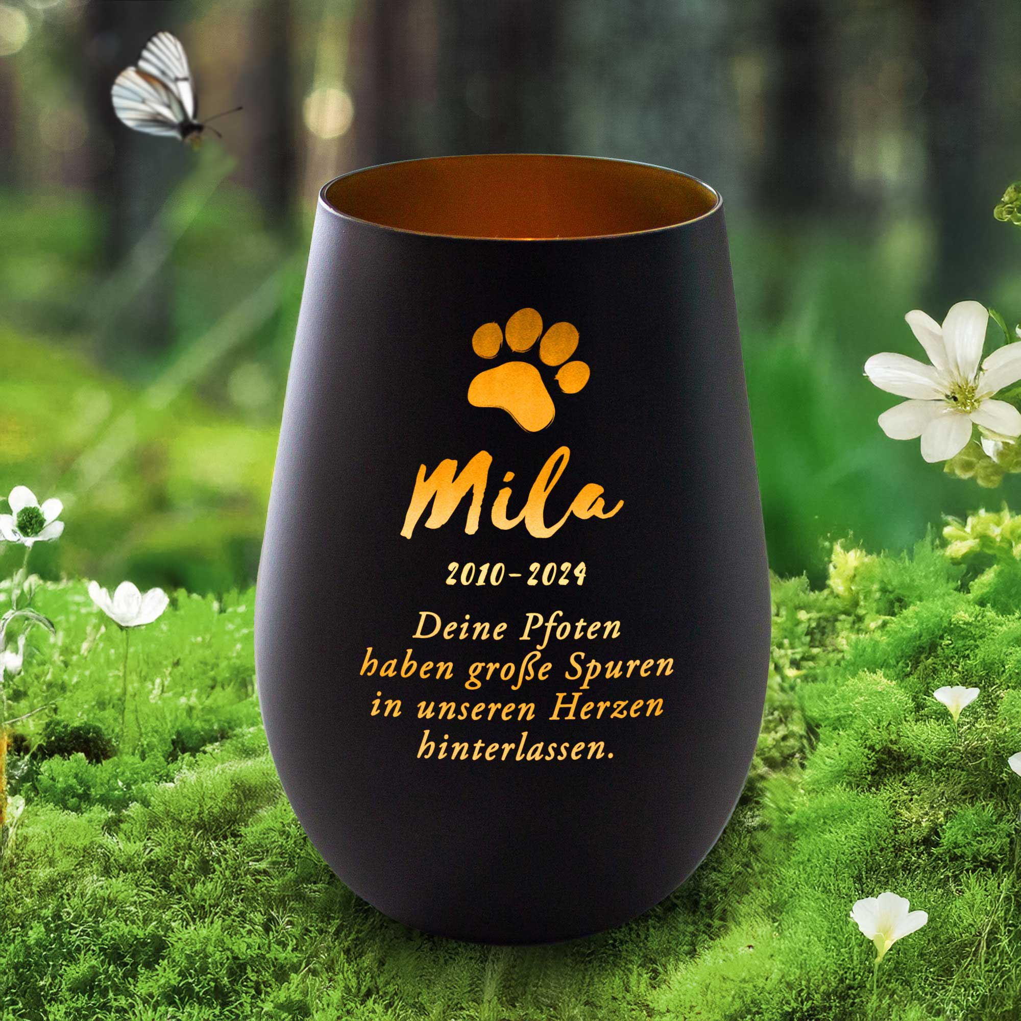 Personalisiertes Windlicht zur Trauer Katze - Schwarz Gold