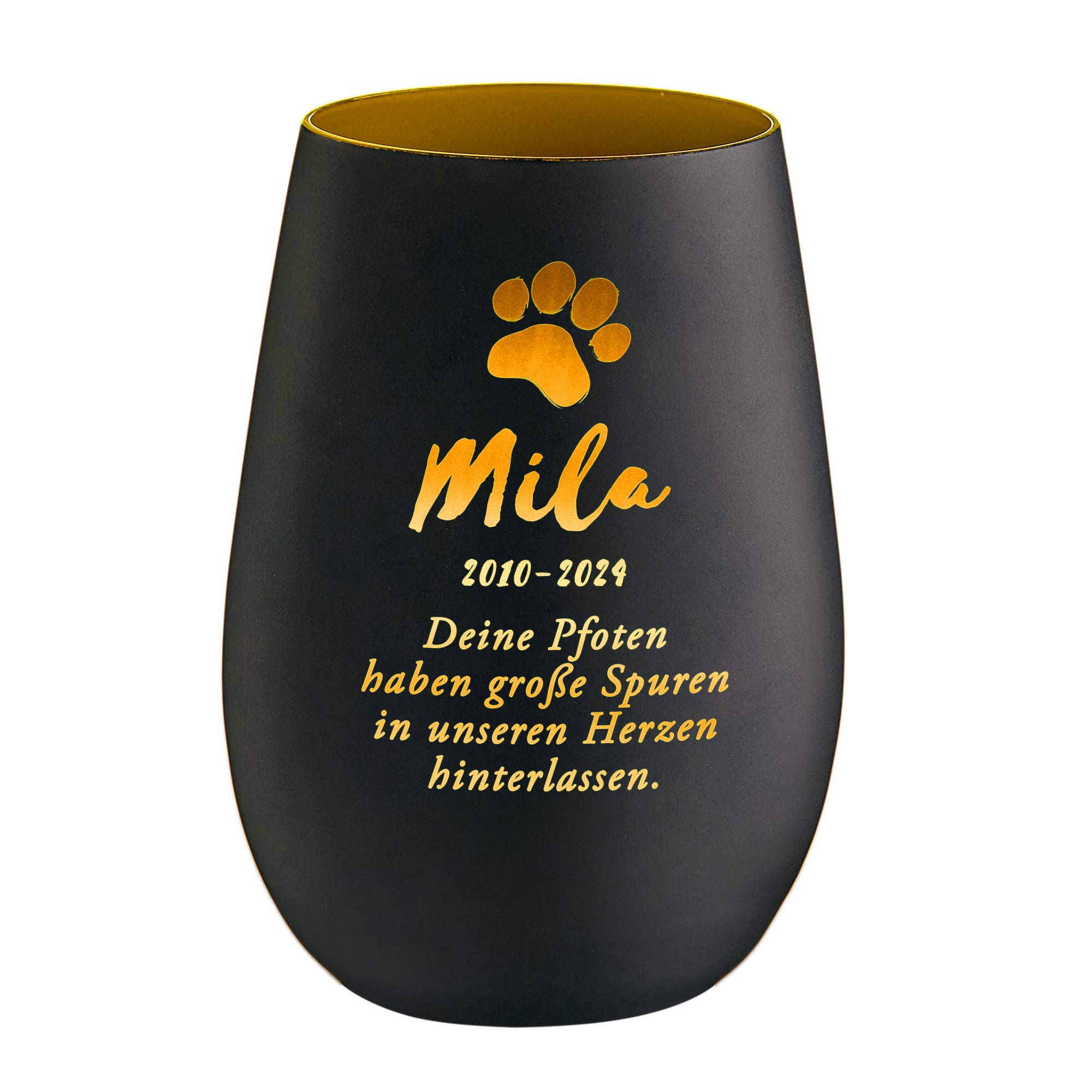 Personalisiertes Windlicht zur Trauer Katze - Schwarz Gold