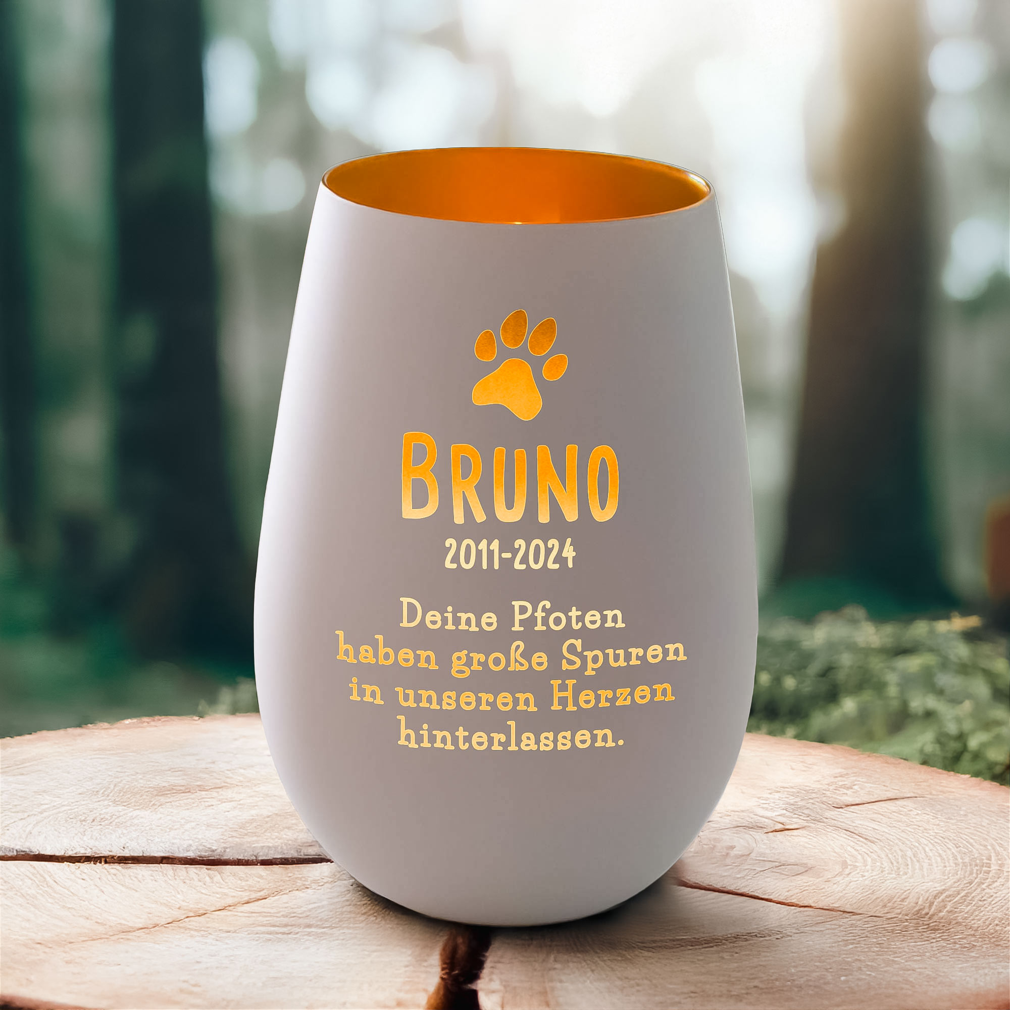 Personalisiertes Windlicht zur Trauer Hund - Weiß Gold